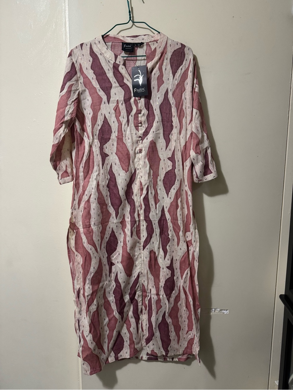 NWT Fusion Exclusive Kurta Maroon Ikat Print Tunic Dress L Size: L
